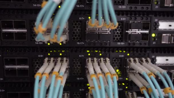 Télécommunications Câbles à fibres optiques à large bande. Porte-datacenter. Clin d'oeil vert a mené des lumières .