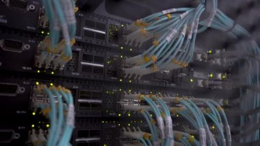 Telekomünikasyon geniş bant fiber optik kablolar. Veri merkezi raf. Blink yeşil LED ışıklar.