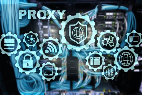 Proxy-Server. Cybersicherheit. Konzept der Netzwerksicherheit auf virtuellem Bildschirm. Hintergrund Serverraum — Stockfoto