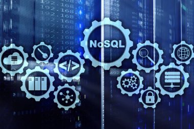 NoSQL 'de. Yapısal Sorgu Dili. Veritabanı Teknoloji Konsepti. Sunucu odası arkaplanı.