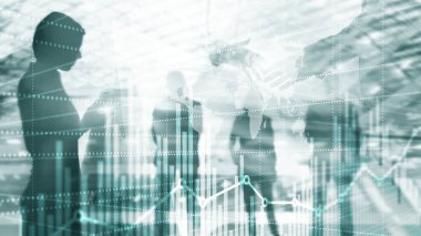 Evrensel arka plan. Siluetleri iş adamları. Ekonomik büyüme grafik grafik. Çift pozlama karışık teknik.