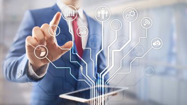 İş uygulamaları simgeleri arka plan bulanık. Finans ve ticaret. Internet teknoloji kavramı