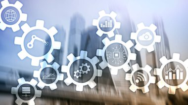 Otomasyon teknolojisi ve akıllı sanayi kavramı bulanık arka plan üzerinde. Dişliler ve simgeler.