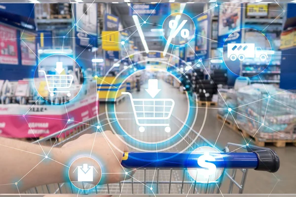 Shopping cart Ecommerce Marketing channel distribution concept on supermarket background. — Stock Photo, Image