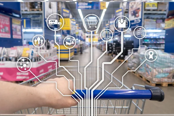 Varejo conceito canais de marketing E-commerce Automação de compras em fundo supermercado turvo . — Fotografia de Stock