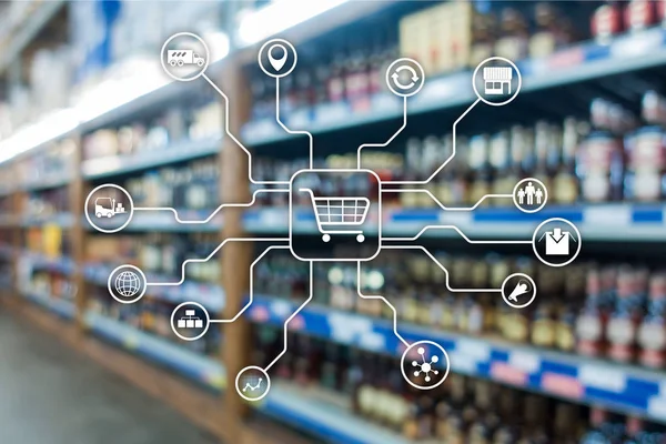 Detaljhandel kanaler E-handel Shopping automation marknadsföringskoncept på suddig stormarknad bakgrund. — Stockfoto