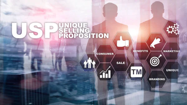 UPS - Unique selling propositions. Business and finance concept on a virtual structured screen. Mixed media. — Stock Photo, Image