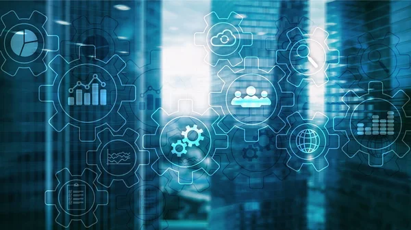 Proceso de negocio diagrama abstracto con engranajes e iconos. Concepto de tecnología de flujo de trabajo y automatización. — Foto de Stock