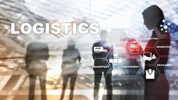 Logistic and transport concept. Businessman shows logistics diagram. Online goods orders. Goods delivery. Mixed media. — Stock Photo, Image