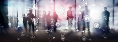 Afiş. İş süreci yapısı Endüstriyel iş akışı diyagramı Otomasyon yenilik kavramı sanal ekran karışık medya.