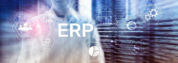 Σύστημα ERP, Enterprise Resource Planning σε θολή φόντο. Επιχειρησιακή αυτοματοποίηση και καινοτομία. — Φωτογραφία Αρχείου