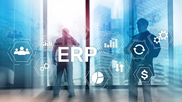 ERP-System, Enterprise Resource Planning auf verschwommenem Hintergrund. Geschäftsautomation und Innovationskonzept. — Stockfoto