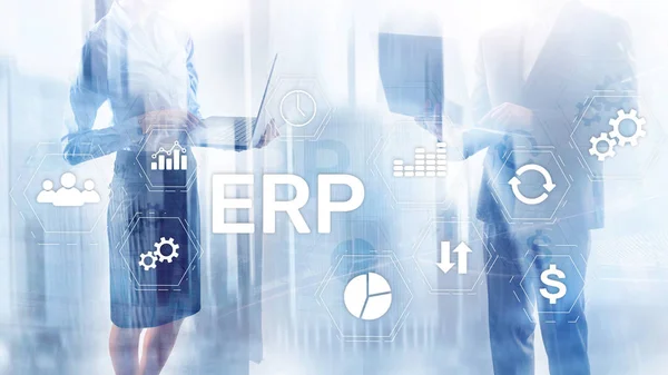 ERP-System, Enterprise Resource Planning auf verschwommenem Hintergrund. Geschäftsautomation und Innovationskonzept. — Stockfoto