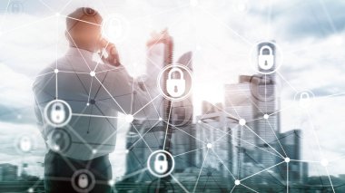 Siber güvenlik, bilgi gizliliği, modern sunucu odası arka planında veri koruma kavramı. İnternet ve dijital teknoloji kavramı.