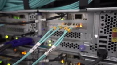 Sunucu rafarka planında Fiber Optik Kablolar. Elle çekim, titreşimler vardır.