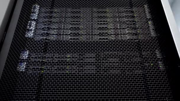 Grote HDD server rack. Veel harde schijven in de ruimte van datacenter. — Stockvideo