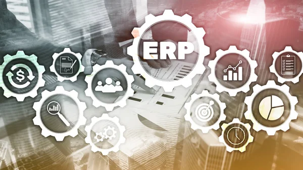 Sistema Erp Planeamento Recursos Empresariais Segundo Plano Desfocado Conceito Automação — Fotografia de Stock