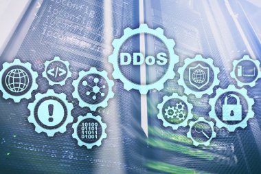DDoS Siber Saldırısı. Teknoloji, İnternet ve Koruma Ağı konsepti. Sunucu veri girişi arkaplanı.