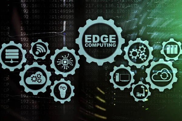 EDGE COMPUTING on modern server room background. Information technology and business concept for resource intensive distributed computing services. EDGE COMPUTING on modern server room background. Information technology and business concept for resou