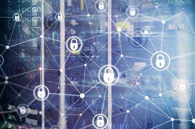 Siber güvenlik, bilgi gizliliği, modern sunucu odası arka planında veri koruma kavramı. İnternet ve dijital teknoloji kavramı.