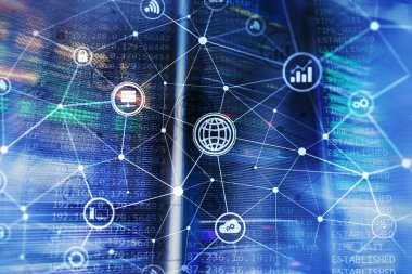 ICT - bilgi ve telekomünikasyon teknolojisi ve çok - Internet şeyler kavramları. Sunucu odası arka simgeleri ile diyagramları.