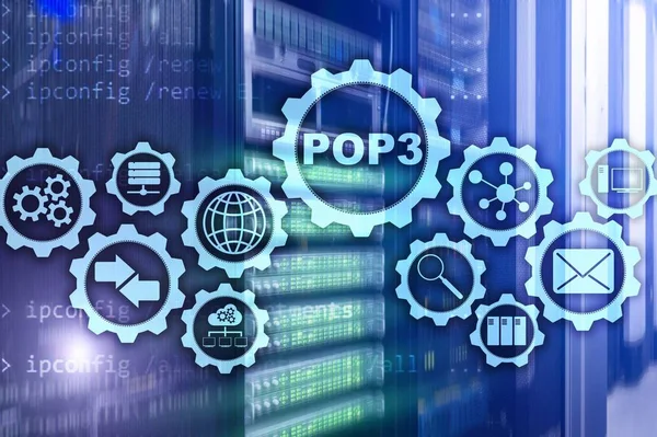POP3. Post Office Protocol Version 3. Standard internet protocol on datacenter background.