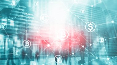 Çift Pozlama kavramı, Bitcoin ve blockchain. Dijital Ekonomi ve ticaret para.