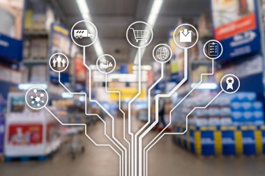 Perakende kavramı üzerinde pazarlama kanalları E-ticaret alışveriş Otomasyonu süpermarket arka plan bulanık.