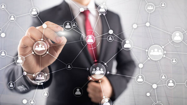 HR human resources management concept corporate organisation structure mixed media double exposure virtual screen.