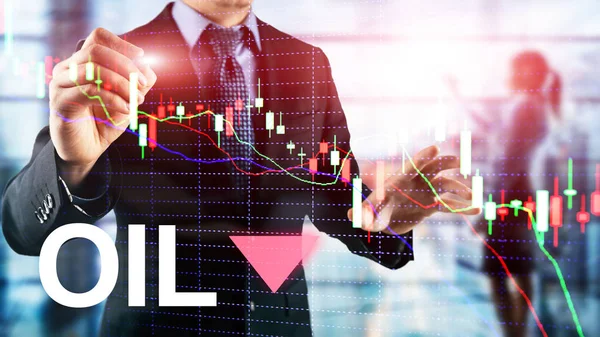 Petrol trendi düştü. Mum grafik Petrol varil ve soyut iş arka plan üzerinde bir mali grafik. Fiyat petrol aşağı. Namlu ok aşağı.