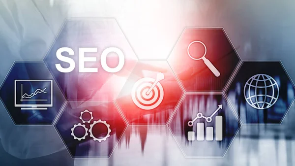 SEO - Optymalizacja wyszukiwarki, Marketing cyfrowy i koncepcja technologii internetowej na rozmytym tle. — Zdjęcie stockowe