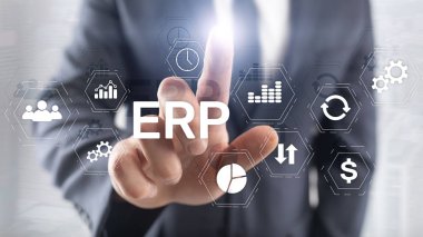 ERP sistemi, bulanık arka planda Atılgan kaynak planlaması. İş otomasyonu ve yenilik kavramı.