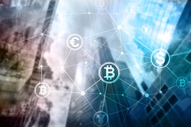 Çift Pozlama kavramı, Bitcoin ve blockchain. Dijital Ekonomi ve ticaret para.