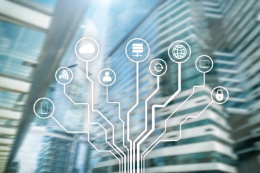 Bulanık iş merkezi zemin üzerine telekomünikasyon ve çok kavramı.