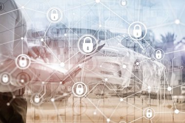 Siber güvenlik, bilgi gizliliği, modern sunucu odası arka planında veri koruma kavramı. İnternet ve dijital teknoloji kavramı