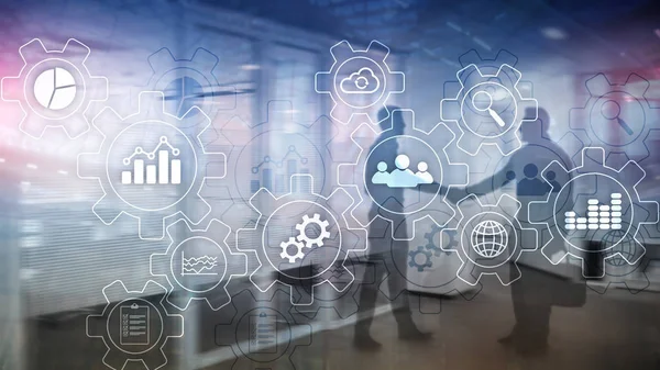 Diagrama abstrato do processo de negócios com engrenagens e ícones. Conceito de tecnologia de fluxo de trabalho e automação. — Fotografia de Stock