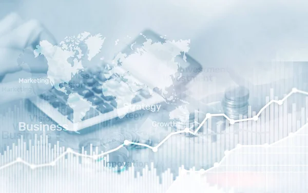 World wide map on abstract business background, coins and calculator double exposure graph, chart and diagram.