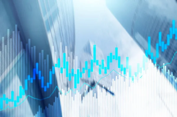 Stock trading candlestick chart and diagrams on blurred office center background. — Stock Photo, Image