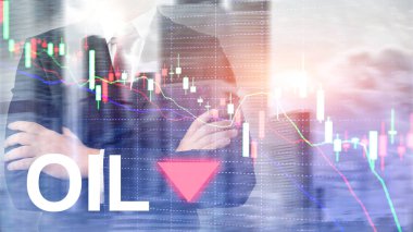 Petrol trendi düştü. Mum grafik Petrol varil ve soyut iş arka plan üzerinde bir mali grafik. Fiyat petrol aşağı. Namlu ok aşağı