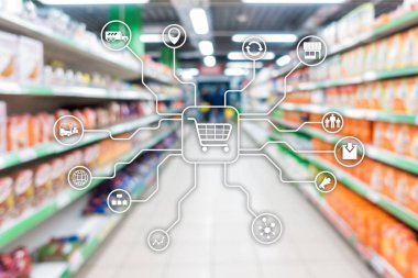 E-ticaret alışveriş otomasyon kavramı bulanık süpermarket arka plan üzerinde perakende pazarlama kanalları