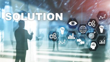 İş çözümleri, başarı ve strateji kavramı. Çözümlerle birlikte iş sürecinin sanal diyagramının yapılandırılması.