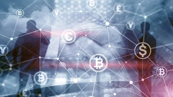 Doble exposición Bitcoin y blockchain concepto. Economía digital y comercio de divisas — Foto de Stock