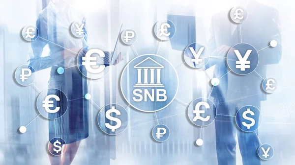 Různé měny na virtuální obrazovce. SNB. Švýcarská národní banka. — Stock fotografie