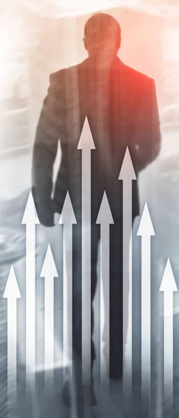 Vertical Panorama Banner. Up arrow graph on skyscraper background. Invesment and financial growth concept.
