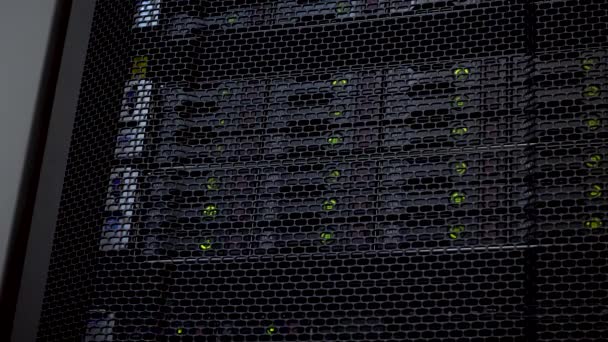 Uma grande sala de servidores dentro de um data center de computação em nuvem. Brilhando LEDs de pilha de servidor com discos rígidos. SATA . — Vídeo de Stock
