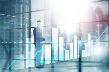Finansal yatırım veya ekonomik eğilimler iş fikri ve sanat için şehir arka plan üzerinde insan siluetleri tasarım çalışması. Soyut Double exposure evrensel arka plan