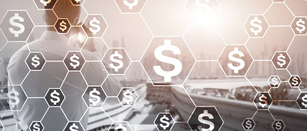 Dollar-Symbole, Geld-Netzwerk-Struktur. Ico, Handel und Investitionen. Crowdfunding — Stockfoto
