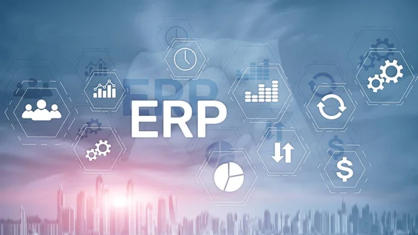 Sistem ERP, perencanaan sumber daya Enterprise dengan latar belakang kabur. Konsep otomatisasi dan inovasi bisnis. — Stok Foto