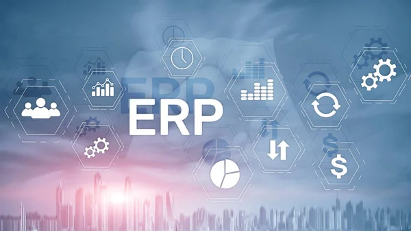 ERP-System, Enterprise Resource Planning auf verschwommenem Hintergrund. Geschäftsautomation und Innovationskonzept. — Stockfoto