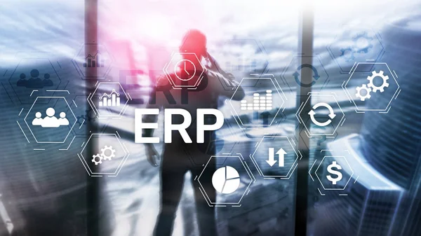 ERP-система, планування ресурсів підприємства на розмитому фоні. Автоматизація бізнесу та інноваційна концепція . — стокове фото